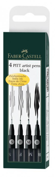 Капиллярные ручки Pitt Artist Pen, набор наконечников (S, F, M, B), черный, в пластиковом футляре, 4 шт