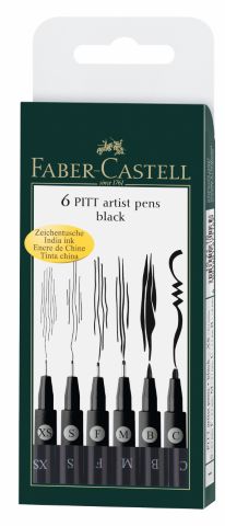 Капиллярные ручки Pitt Artist Pen, набор наконечников (XS, S, F, M, B, C), черный, в пластиковом футляре, 6 шт
